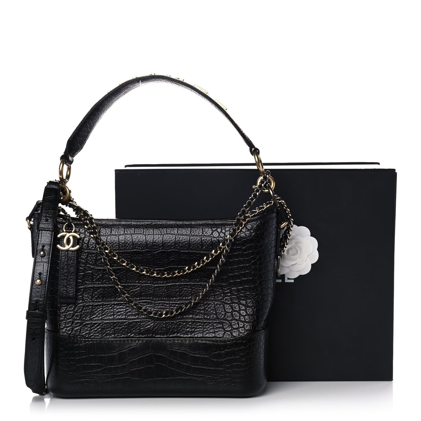 Crocodile Embossed Calfskin Medium Gabrielle Cocodile Hobo Black