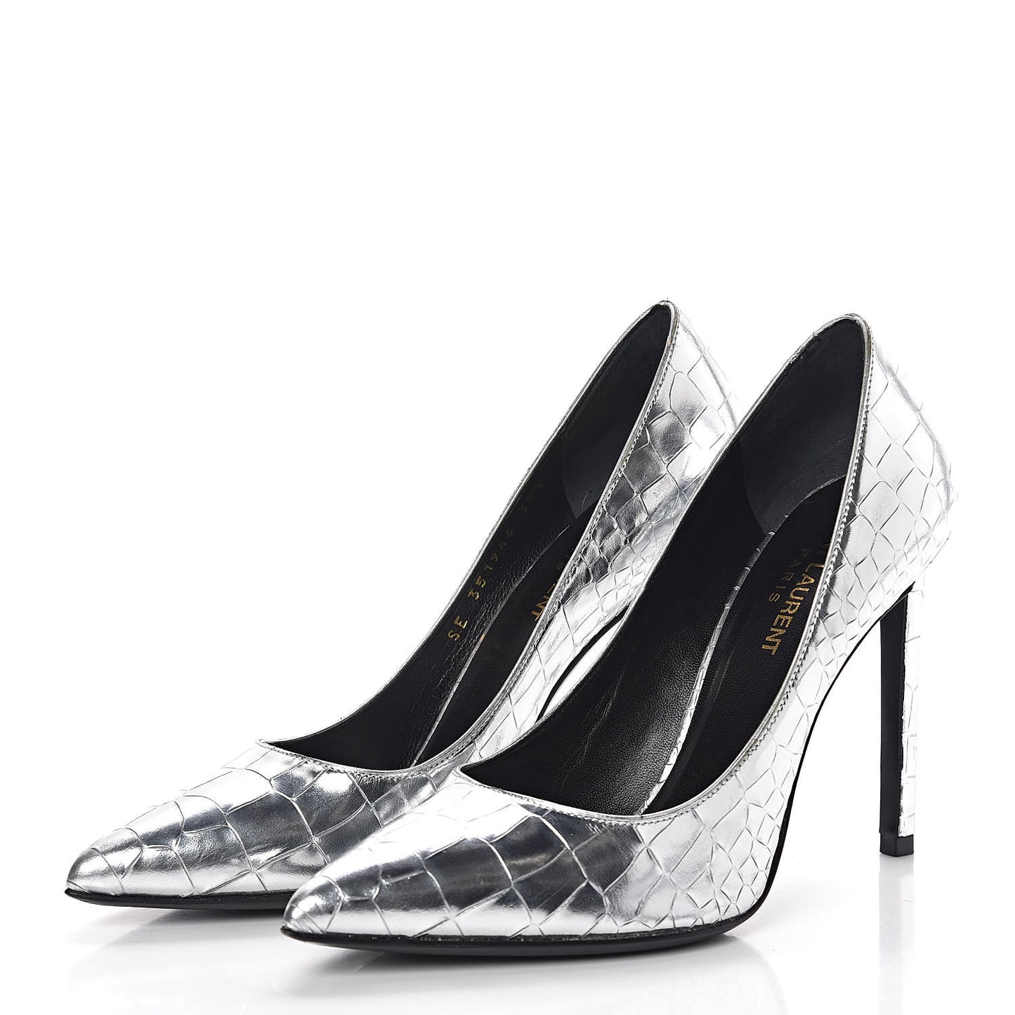 Metallic Calfskin Crocodile Embossed Paris 105 Pumps 37.5 Silver Moon
