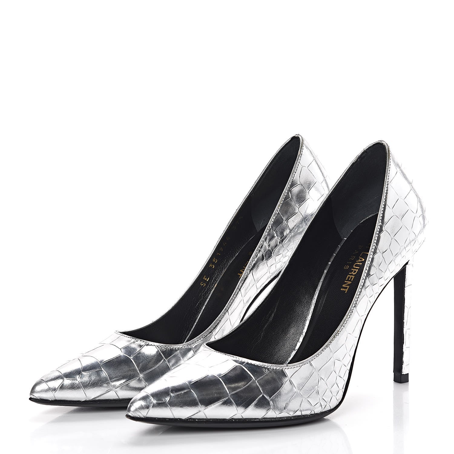 Saint Laurent Metallic Calfskin Crocodile Embossed Paris 105 Pumps 37.5 Silver Moon 3 of 8