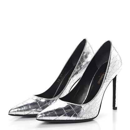 Saint Laurent Metallic Calfskin Crocodile Embossed Paris 105 Pumps 37.5 Silver Moon 3 of 8