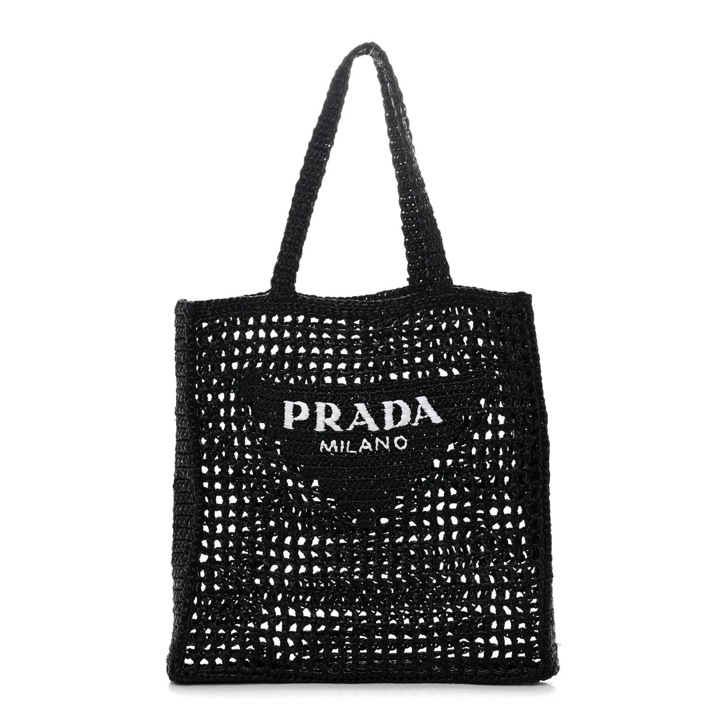 Yarn Raffia Effect Crochet Logo Embroidered Tote Bag Black