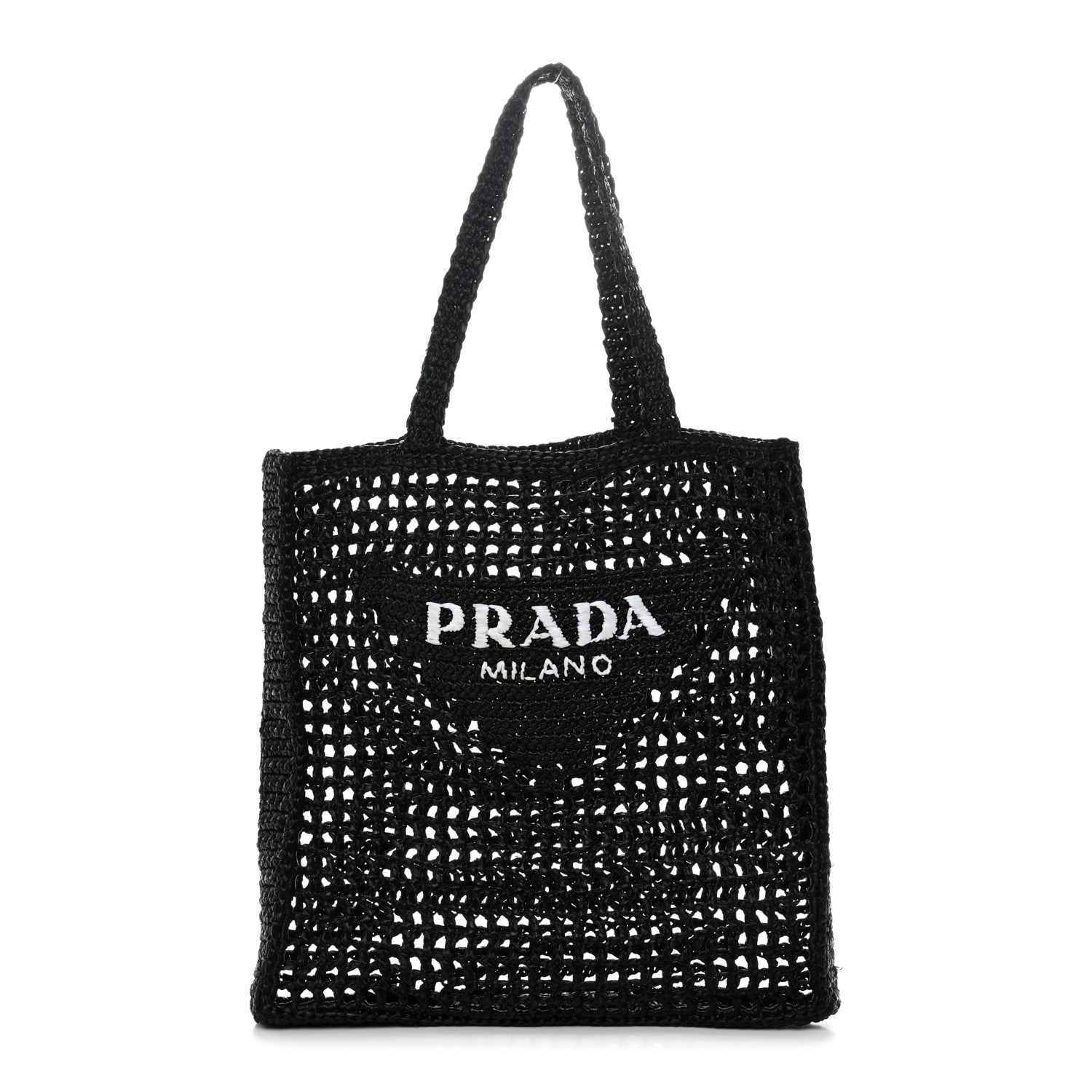 Prada Yarn Raffia Effect Crochet Logo Embroidered Tote Bag Black 1 of 10