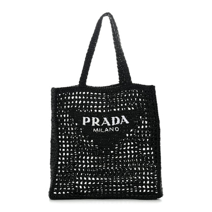 Prada Yarn Raffia Effect Crochet Logo Embroidered Tote Bag Black 1 of 10