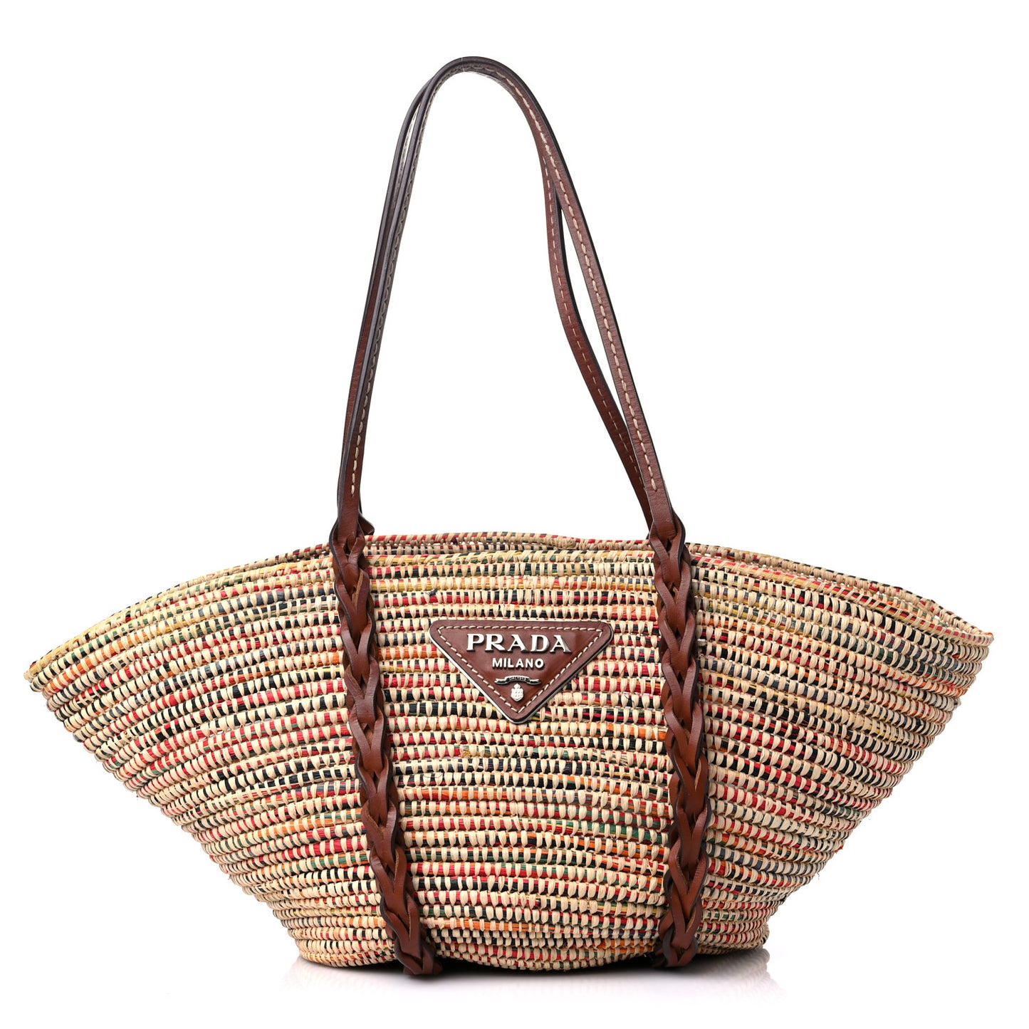 Paglia Vitello Woven Braided Basket Tote Multicolor Cognac