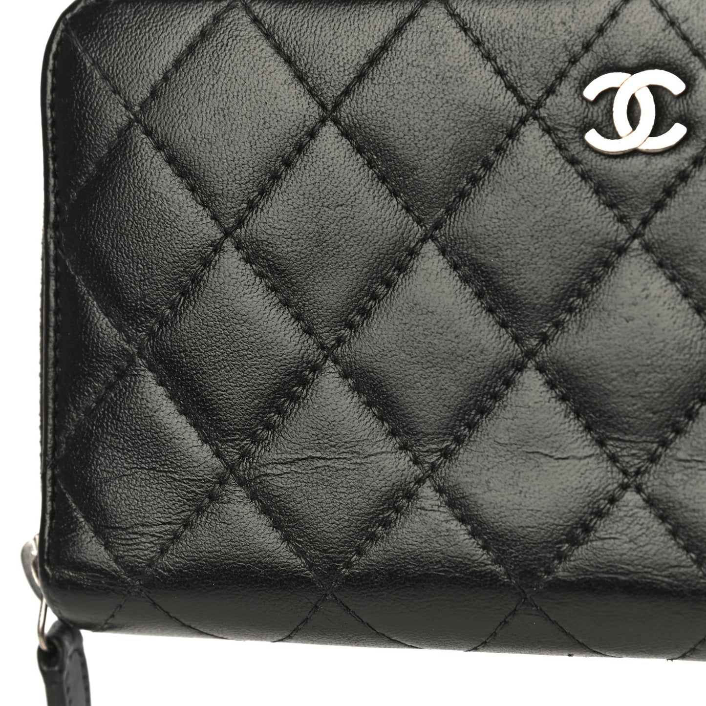 Lambskin Quilted Large Gusset Zip Around Wallet Black