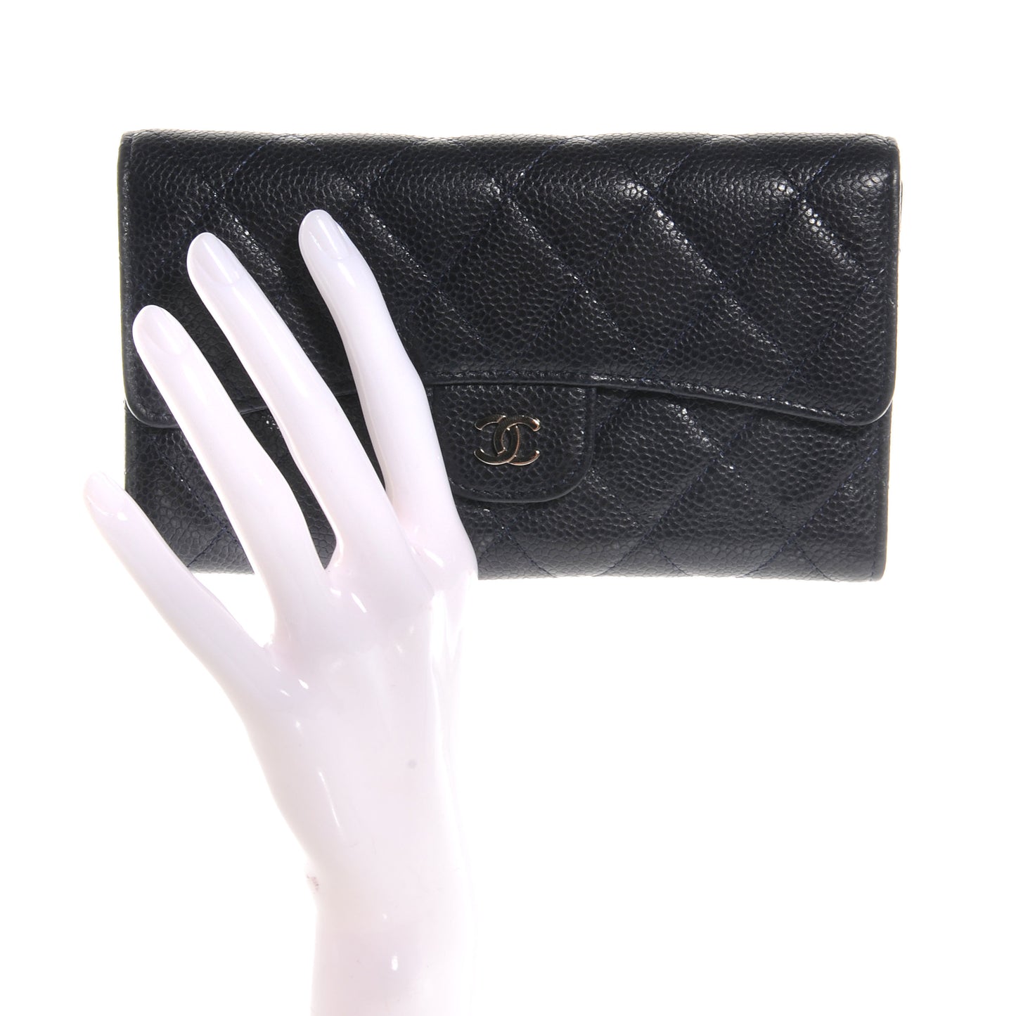 Caviar Quilted Long Flap Wallet Navy Blue