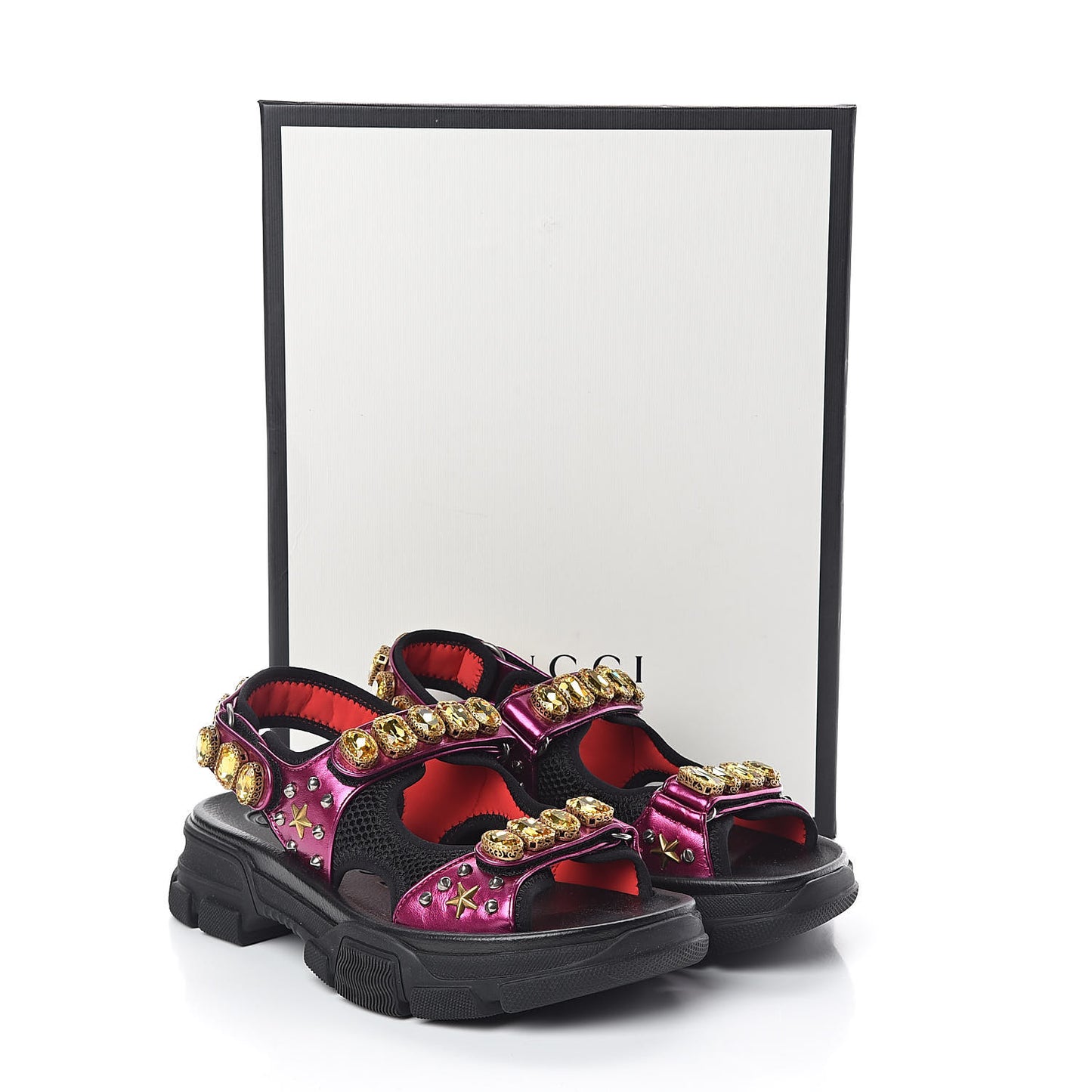 Nappa Mesh Crystal Embellished Studded Womens Aguru Sandals 40 Pink Black