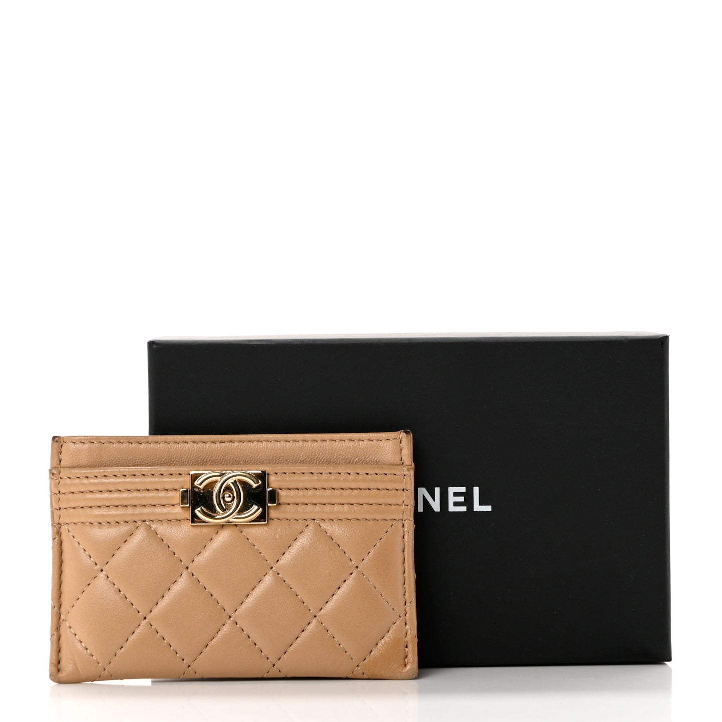 Lambskin Quilted Boy Card Holder Beige