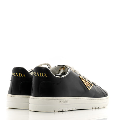 Prada Vitello Soft Metal Triangle Logo Womens Edge Low Top 30mm Sneakers 39 Black White 5 of 8