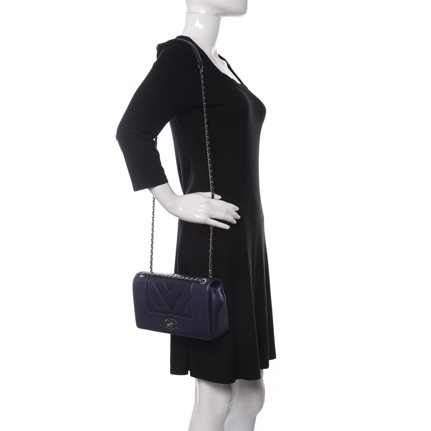 Metallic Sheepskin Chevron Quilted Medium Vintage Mademoiselle Flap Navy