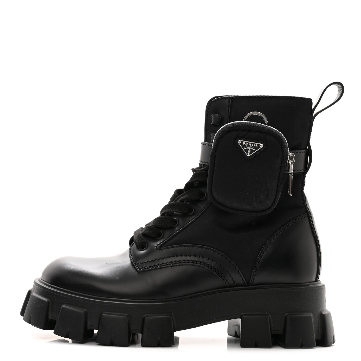 Prada Spazzolato Rois Re-Nylon Metal Triangle Logo Mens Monolith Pouch Pocket 60mm Combat Boots 8 Black 1 of 10
