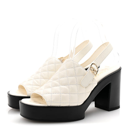 Chanel Lambskin Quilted Peep Toe Wedge Sandals 38 White 3 of 10