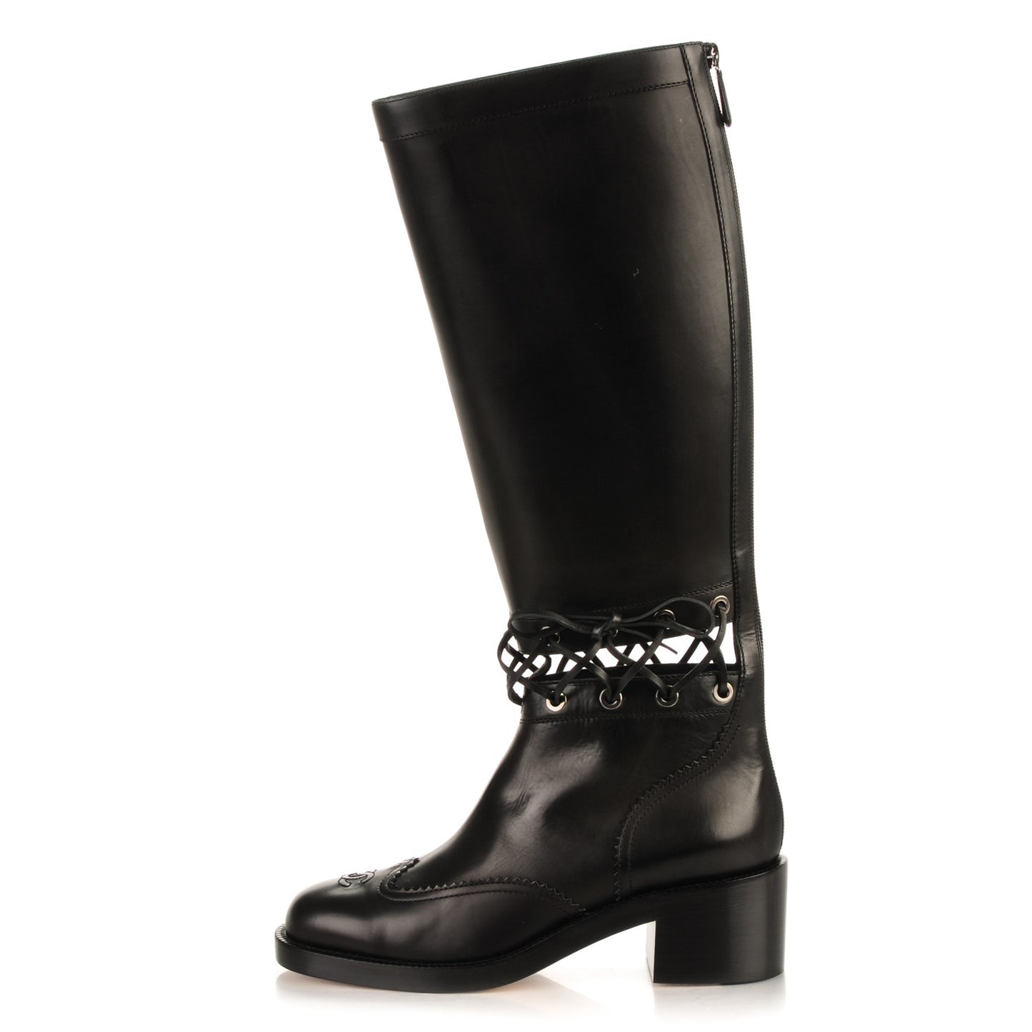 Calfskin Lace Up Knee High Boots 41.5 Black