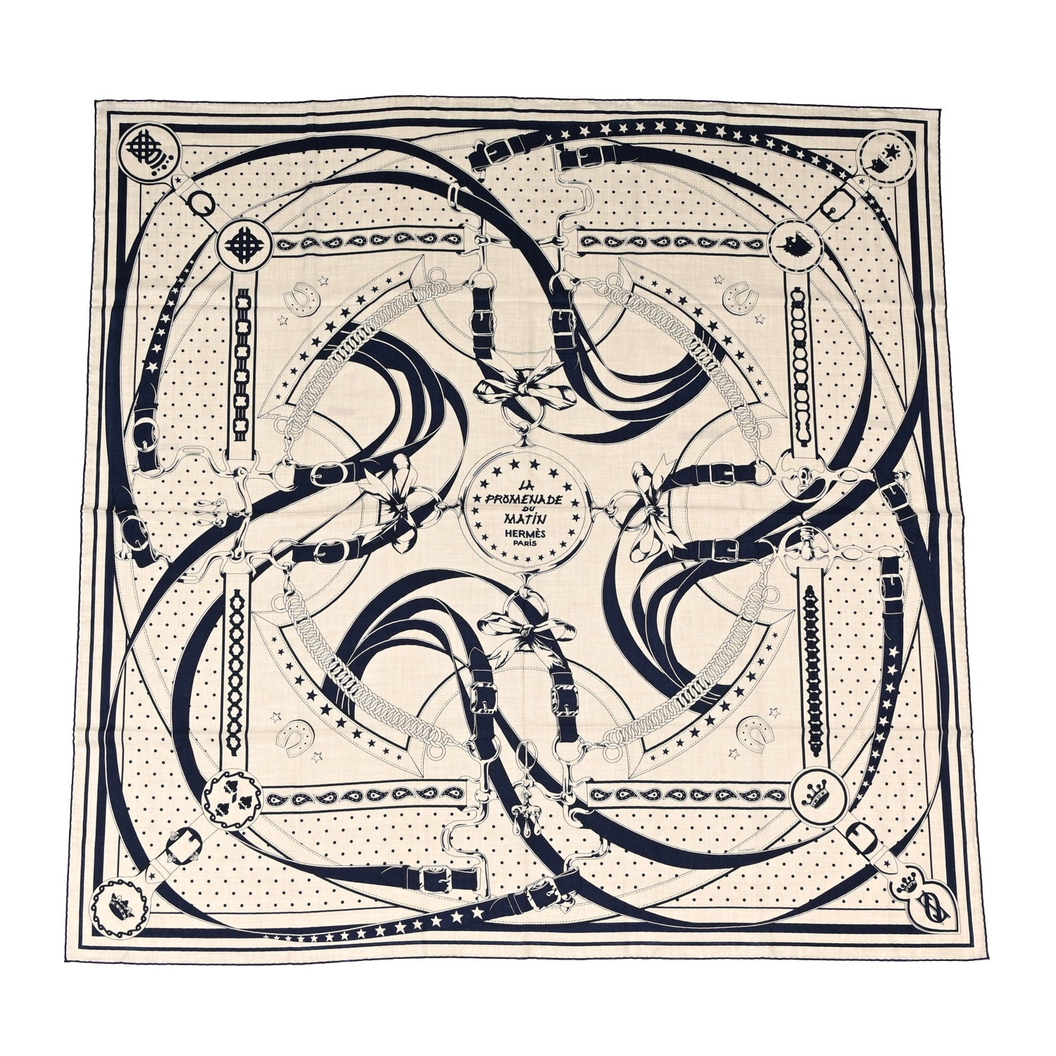 Hermes Cashmere Silk La Promenade du Matin Bandana Shawl 140 Naturel Marine Black 1 of 4