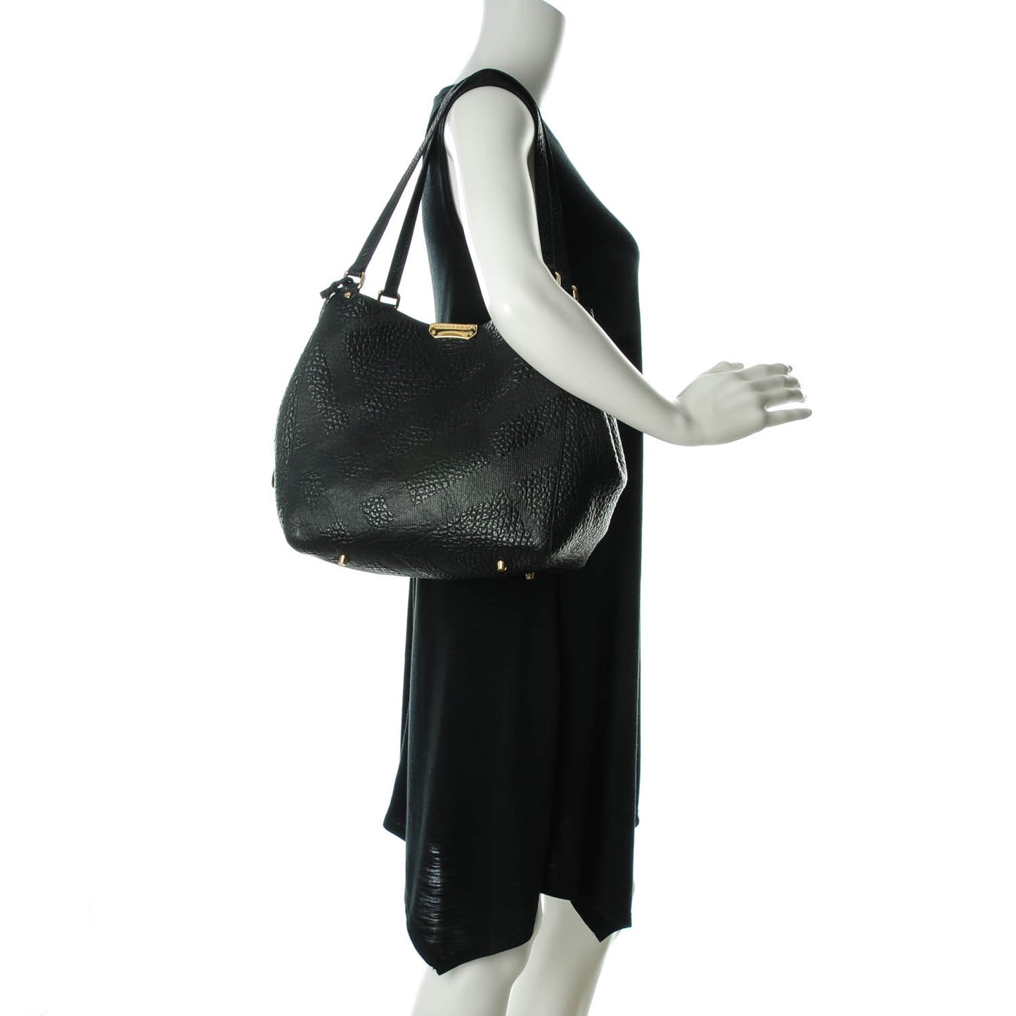 Signature Grain Calfskin Check Embossed Small Canter Tote Black