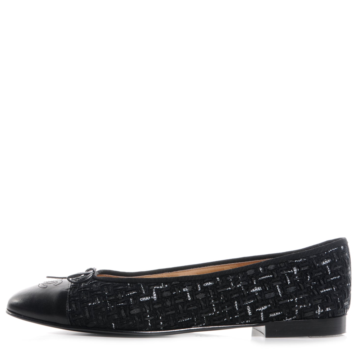 Lambskin Ribbon Tweed Cap Toe Ballet Flats 42 Black