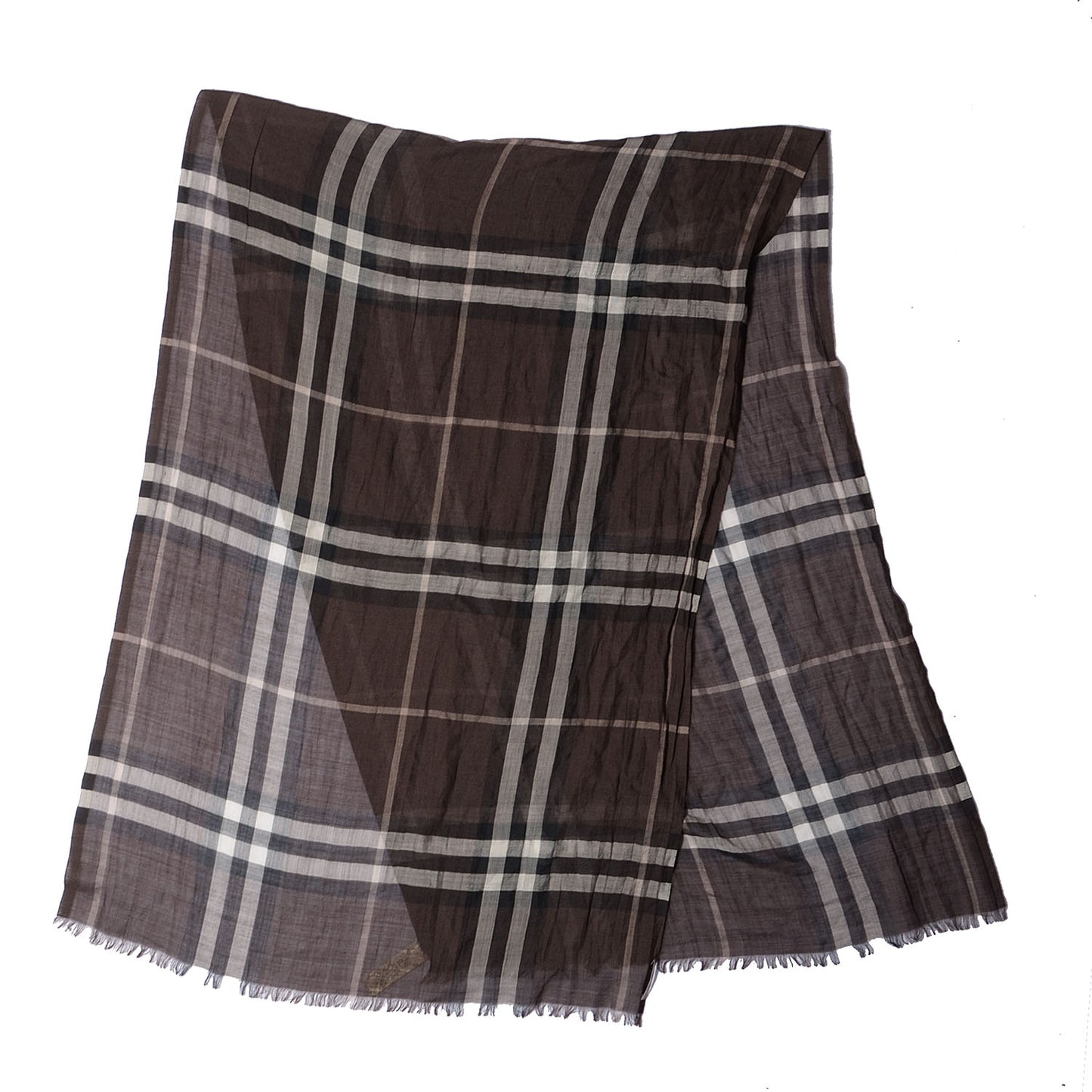 Wool Silk Giant Check Gauze Scarf Brown