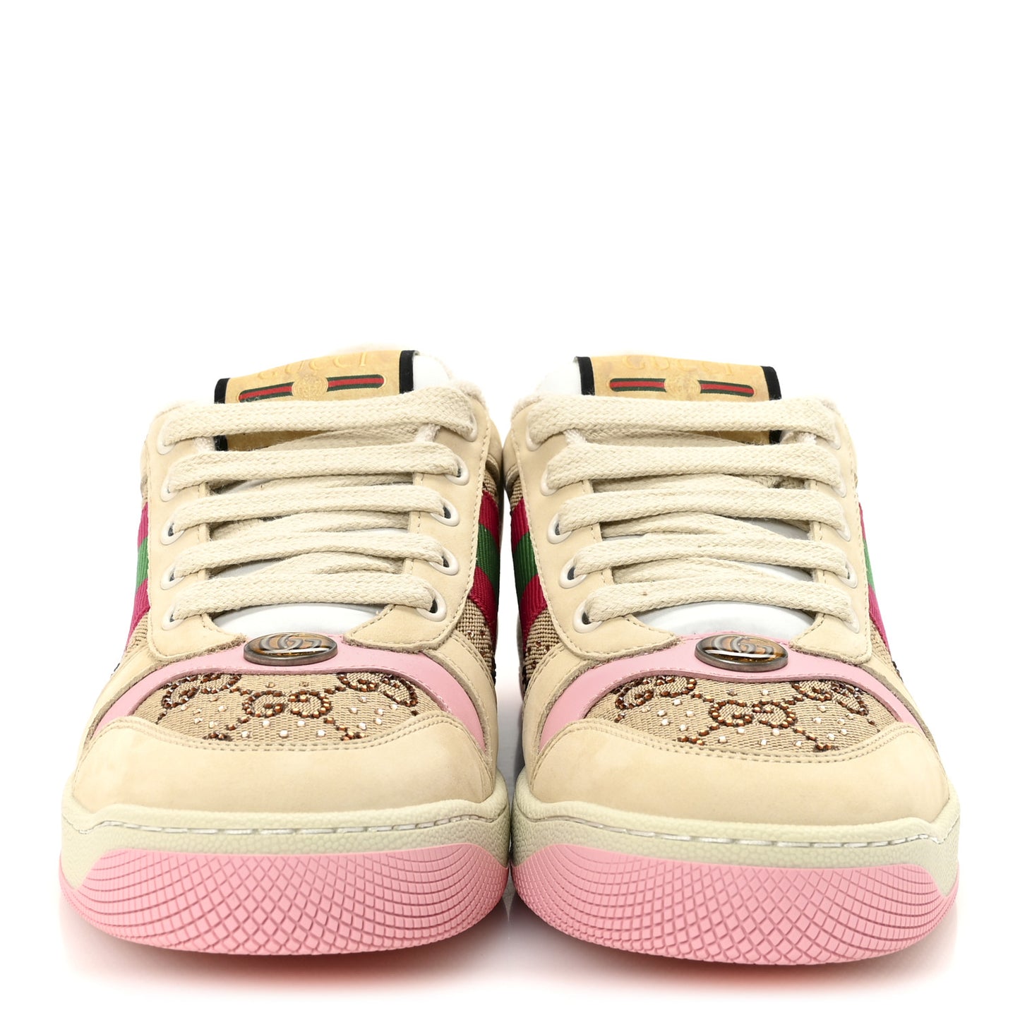 Calfskin GG Supreme Crystals Web Screener Sneakers 38 Beige Ebony Wild Rose