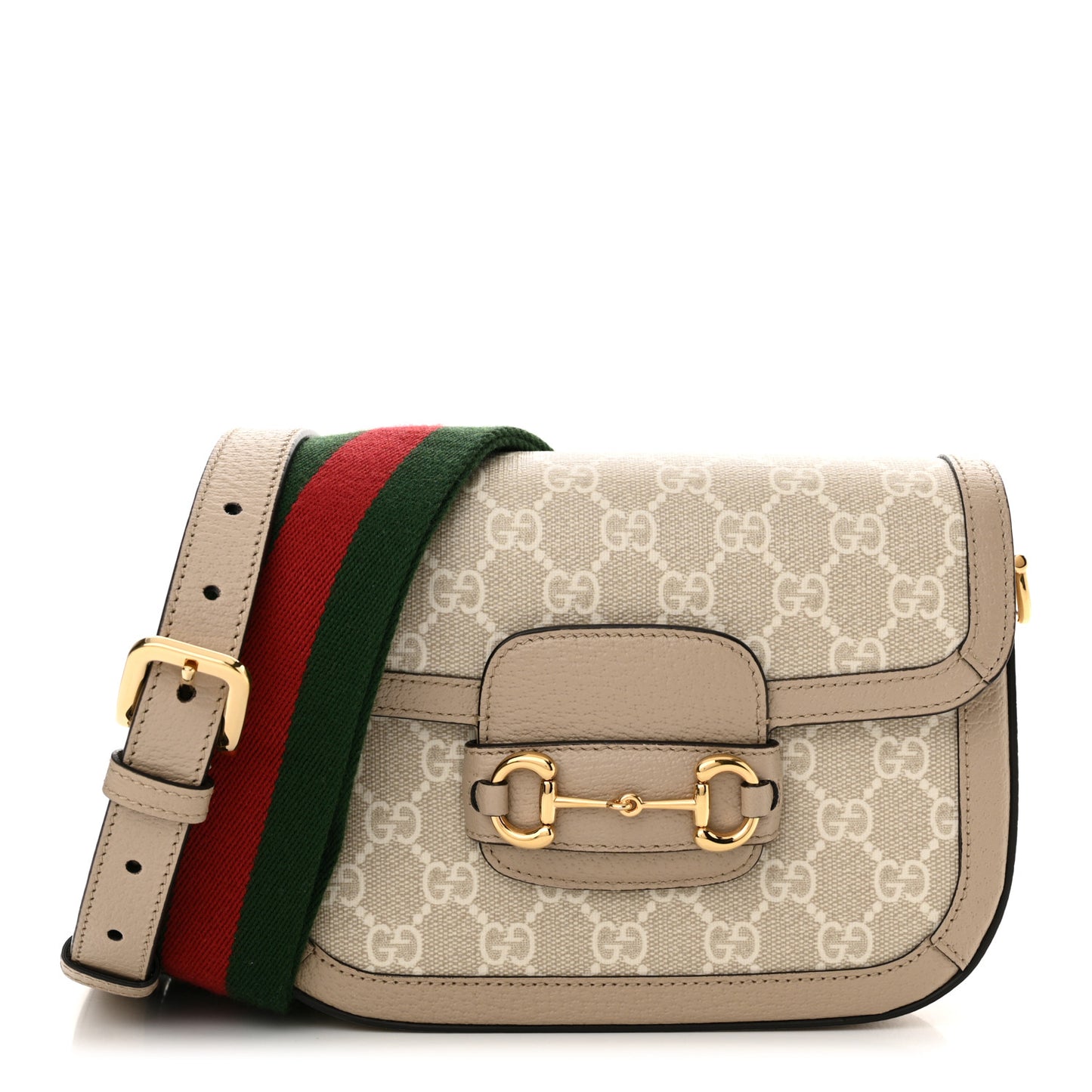 GG Supreme Monogram Textured Dollar Calfskin Web Mini Horsebit 1955 Shoulder Bag Beige Mystic White Oatmeal