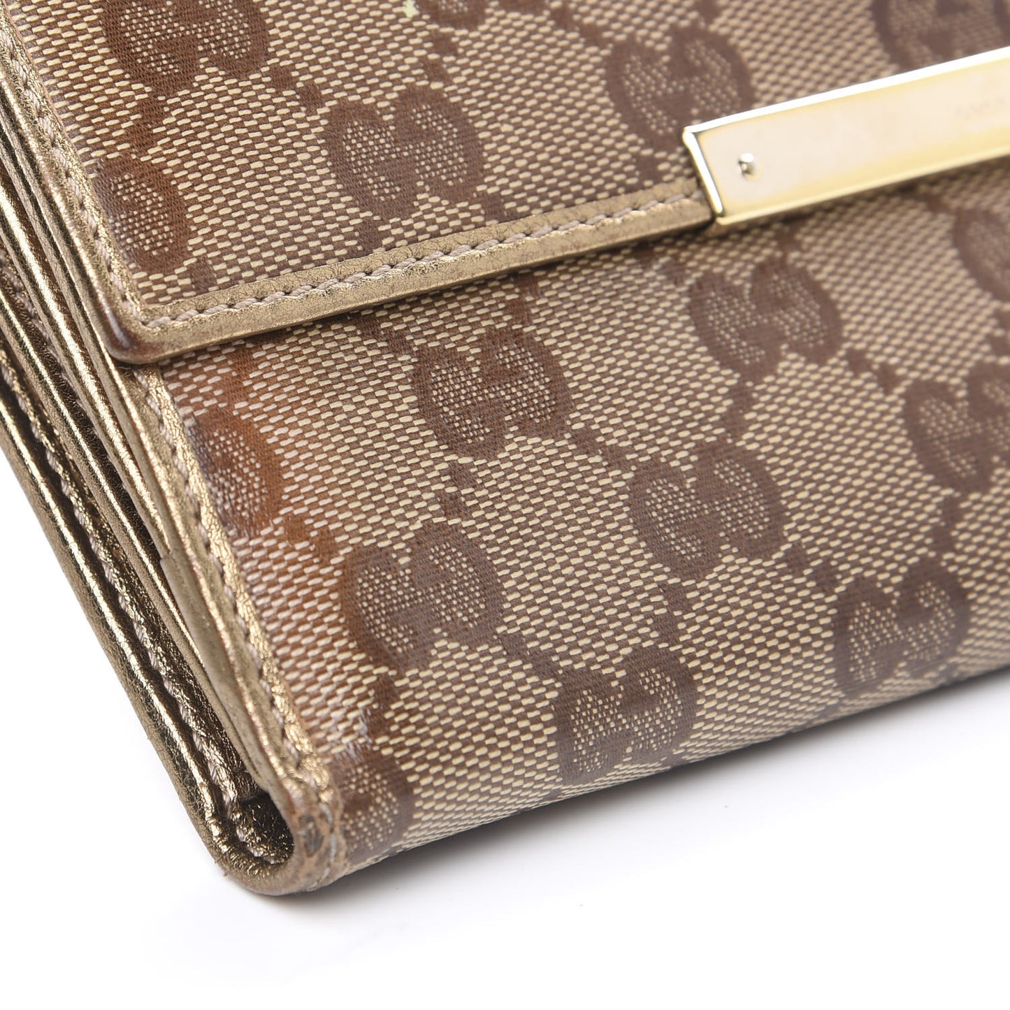 Crystal Monogram Metal Bar Continental Flap Wallet Gold