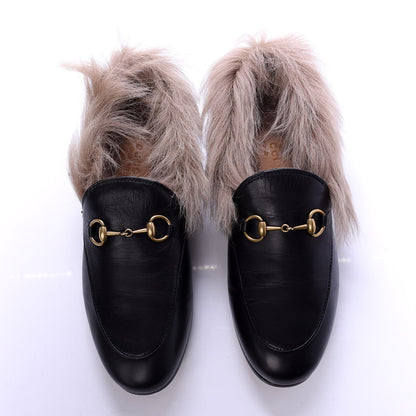 Gucci Malaga Kid Fur Womens Jordaan Loafers 37.5 Black Natural 5 of 9