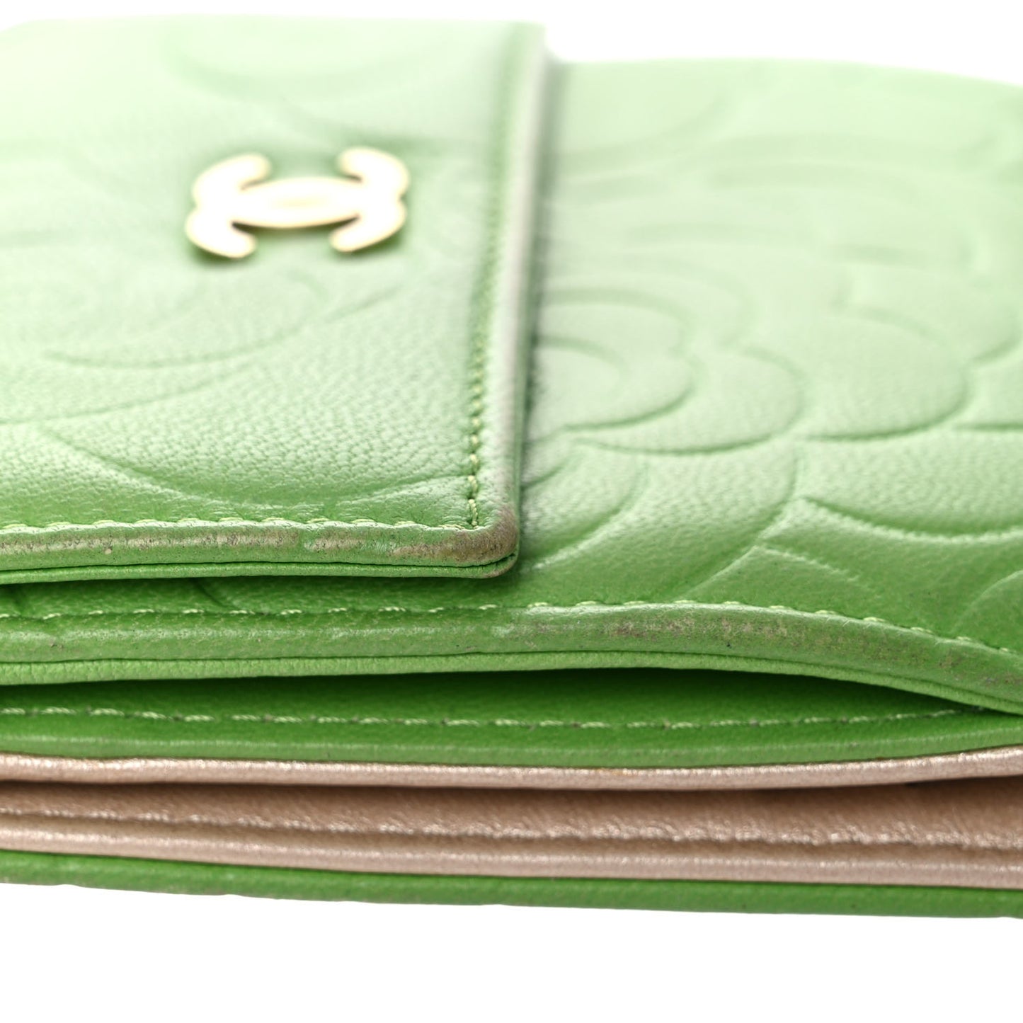 Lambskin Camellia Embossed Compact French Flap Wallet Green