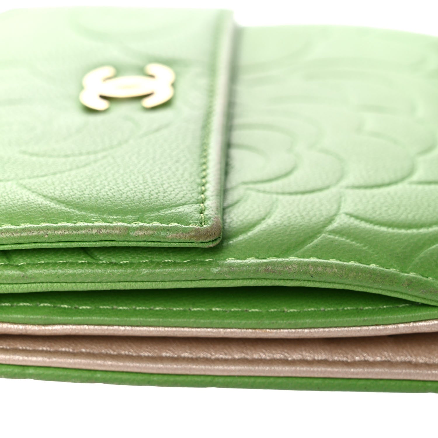 Chanel Lambskin Camellia Embossed Compact French Flap Wallet Green 12 of 21