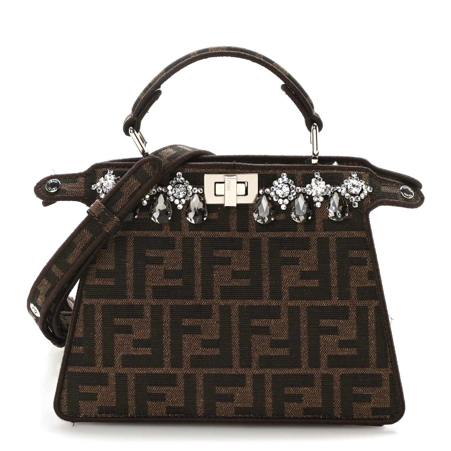 Fendi Fabric Jacquard FF 1974 Crystal Petite Peekaboo I SEE U Satchel Tabacco Moro 1 of 9
