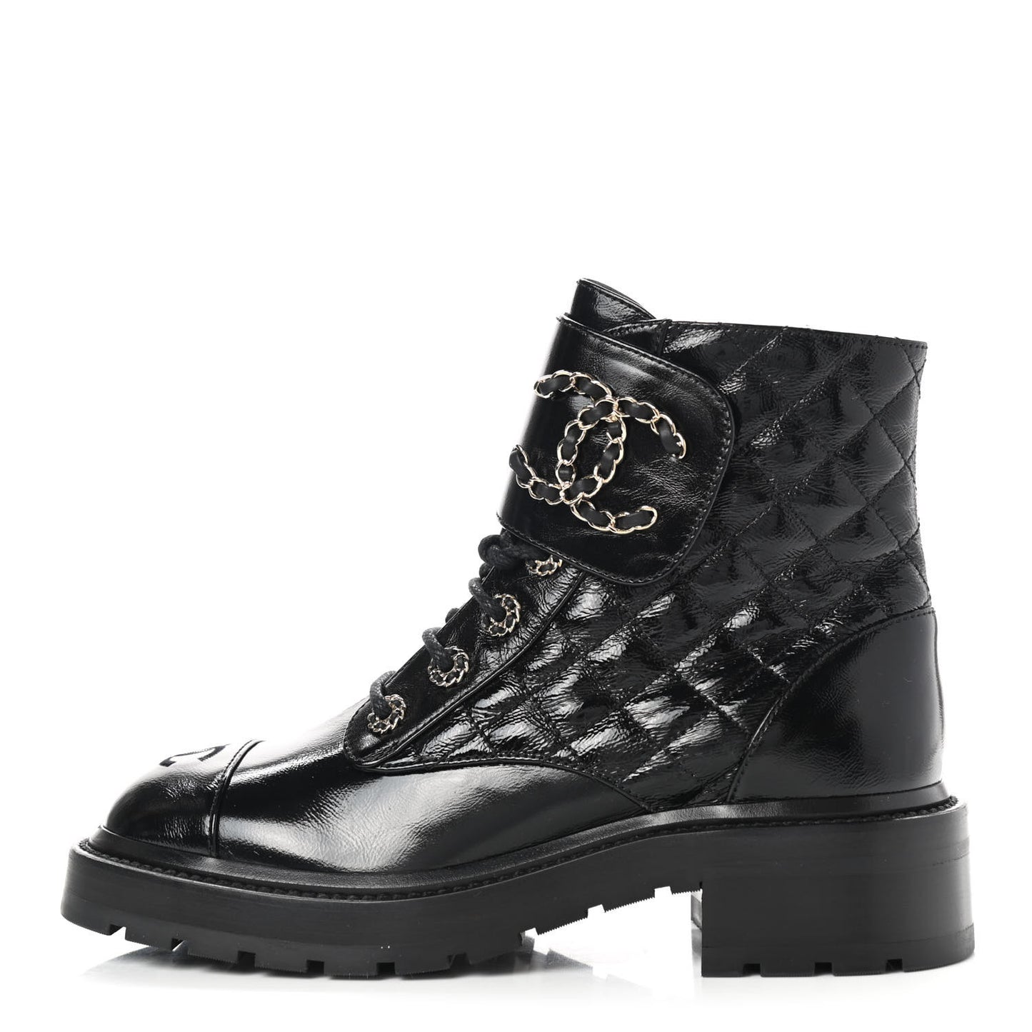 Shiny Calfskin Quilted Lace Up Combat Boots 37.5 Black