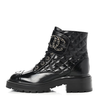 Chanel Shiny Calfskin Quilted Lace Up Combat Boots 37.5 Black 1 of 9