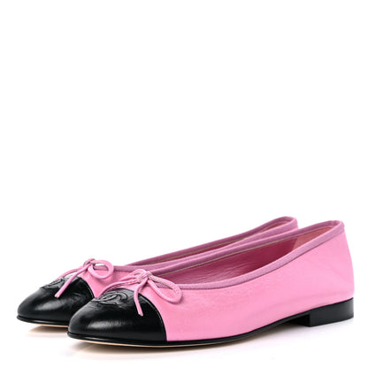 Chanel Laminated Crumpled Lambskin Cap Toe CC Ballerina Flats 37.5 Pink Black 3 of 10