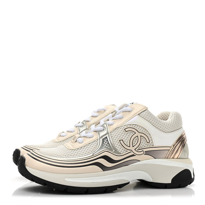 Chanel Fabric Laminated Calfskin Stretch CC Womens Sneakers 36.5 White Gold Silver 3 of 10