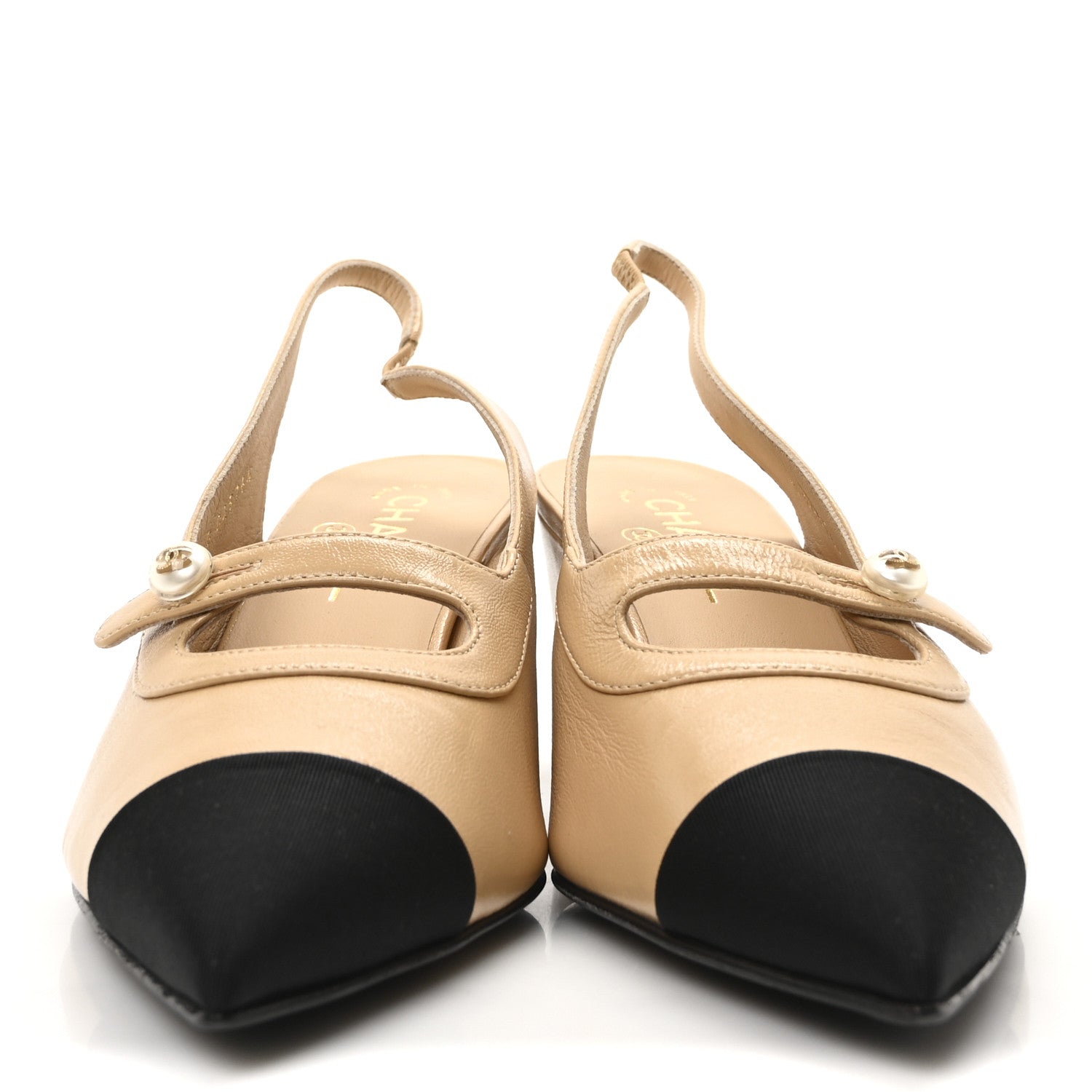 Chanel Shiny Lambskin Grosgrain Pointed Toe CC Slingback Pumps 40 Beige Black 3 of 9