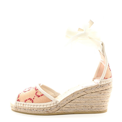 Gucci GG Raffia Monogram Ankle Wrap Platform Espadrille Wedge Sandals 38 Beige 1 of 11