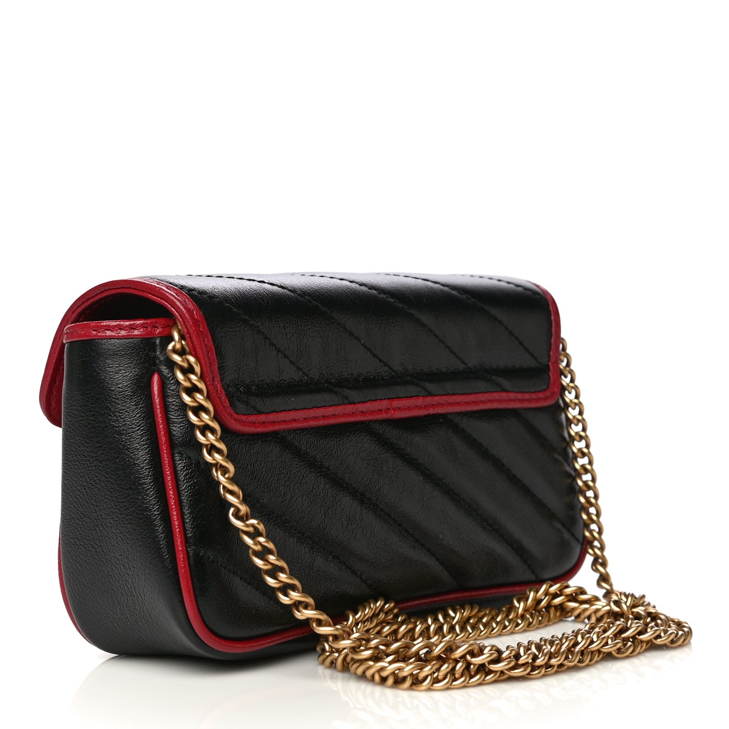 Vintage Effect Calfskin Matelasse Diagonal Super Mini Torchon GG Marmont Shoulder Bag Black Romantic Cherry