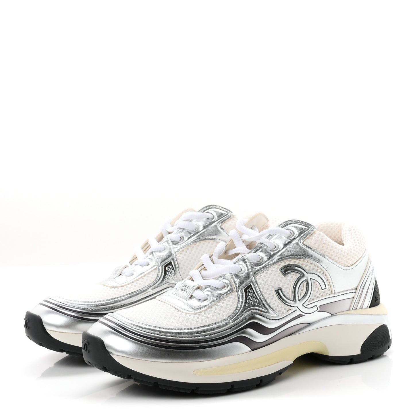 Fabric Laminated Calfskin Stretch CC Womens Sneakers 38 White Silver