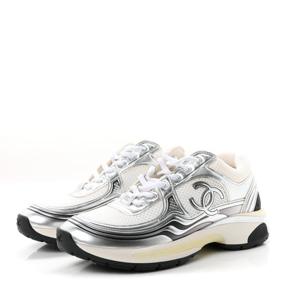 Chanel Fabric Laminated Calfskin Stretch CC Womens Sneakers 38 White Silver 3 of 10