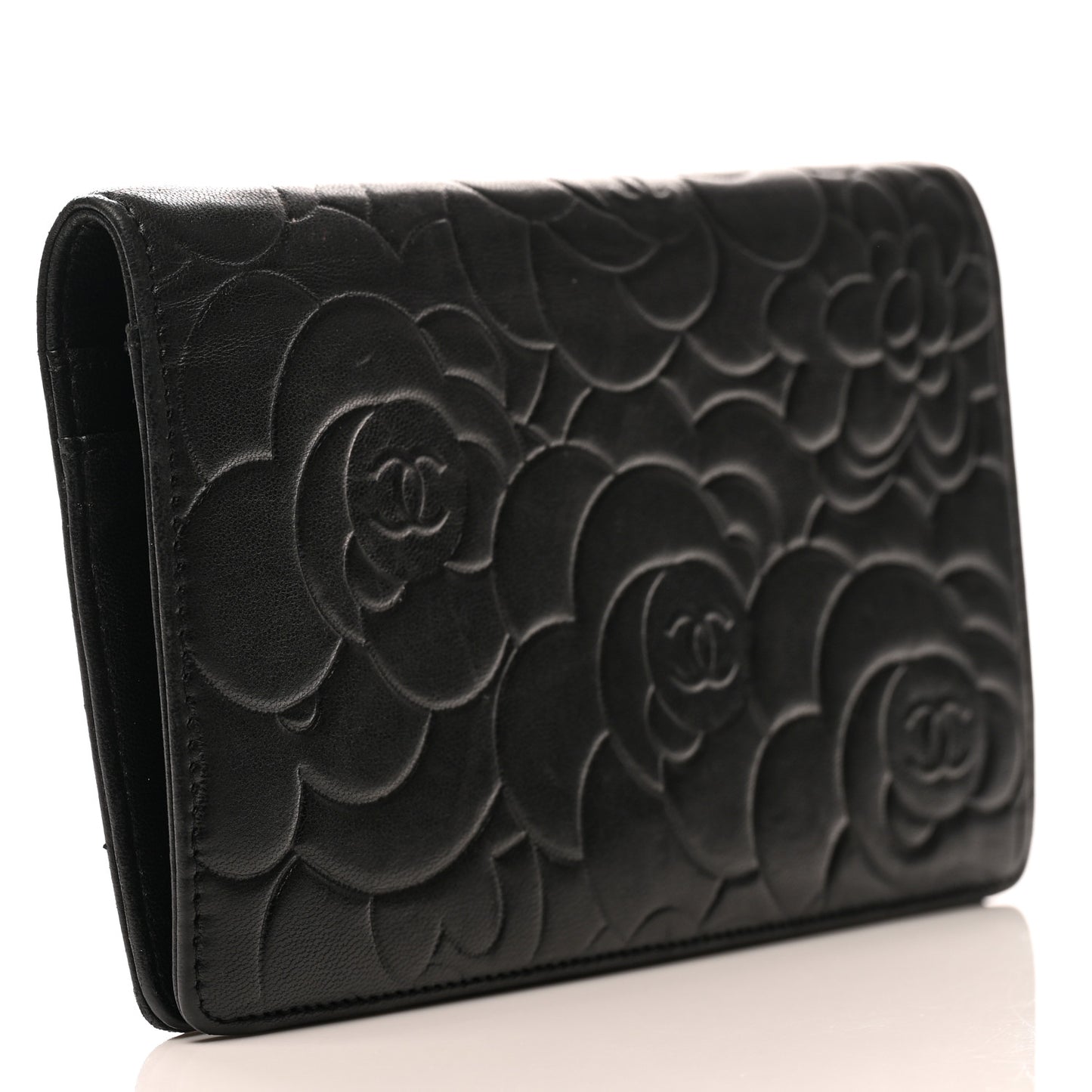 Lambskin Camellia Embossed Yen Wallet Black