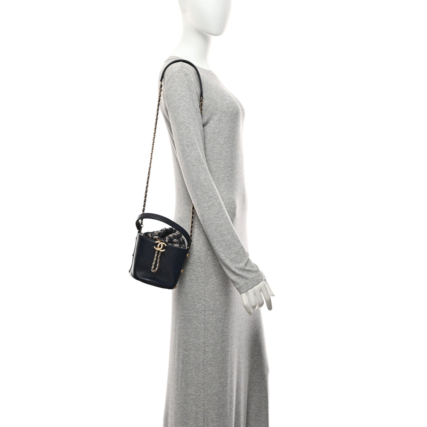 Calfskin Tweed Small CC Chain Bucket Drawstring Bag Navy Multicolor