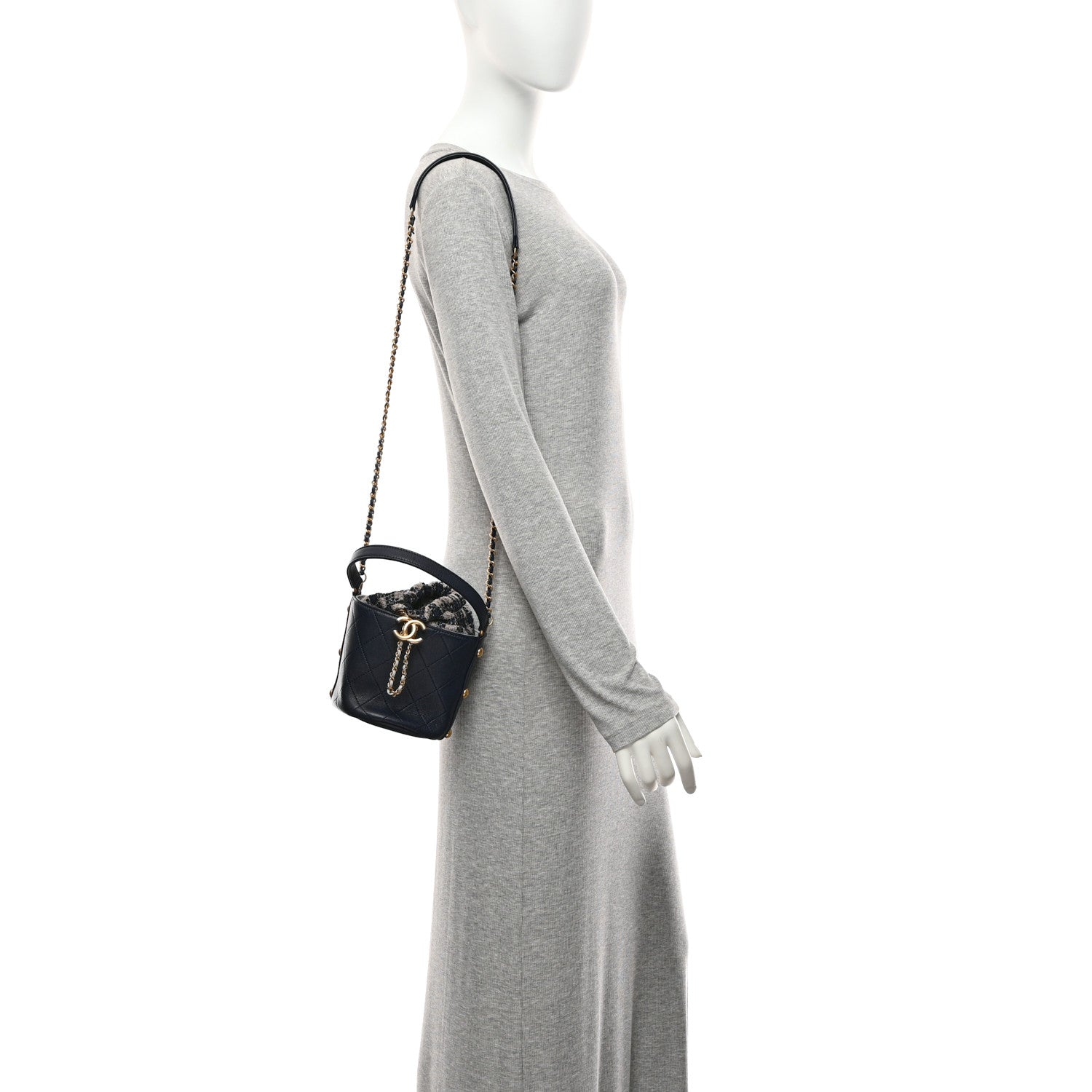 Chanel Calfskin Tweed Small CC Chain Bucket Drawstring Bag Navy Multicolor 2 of 10