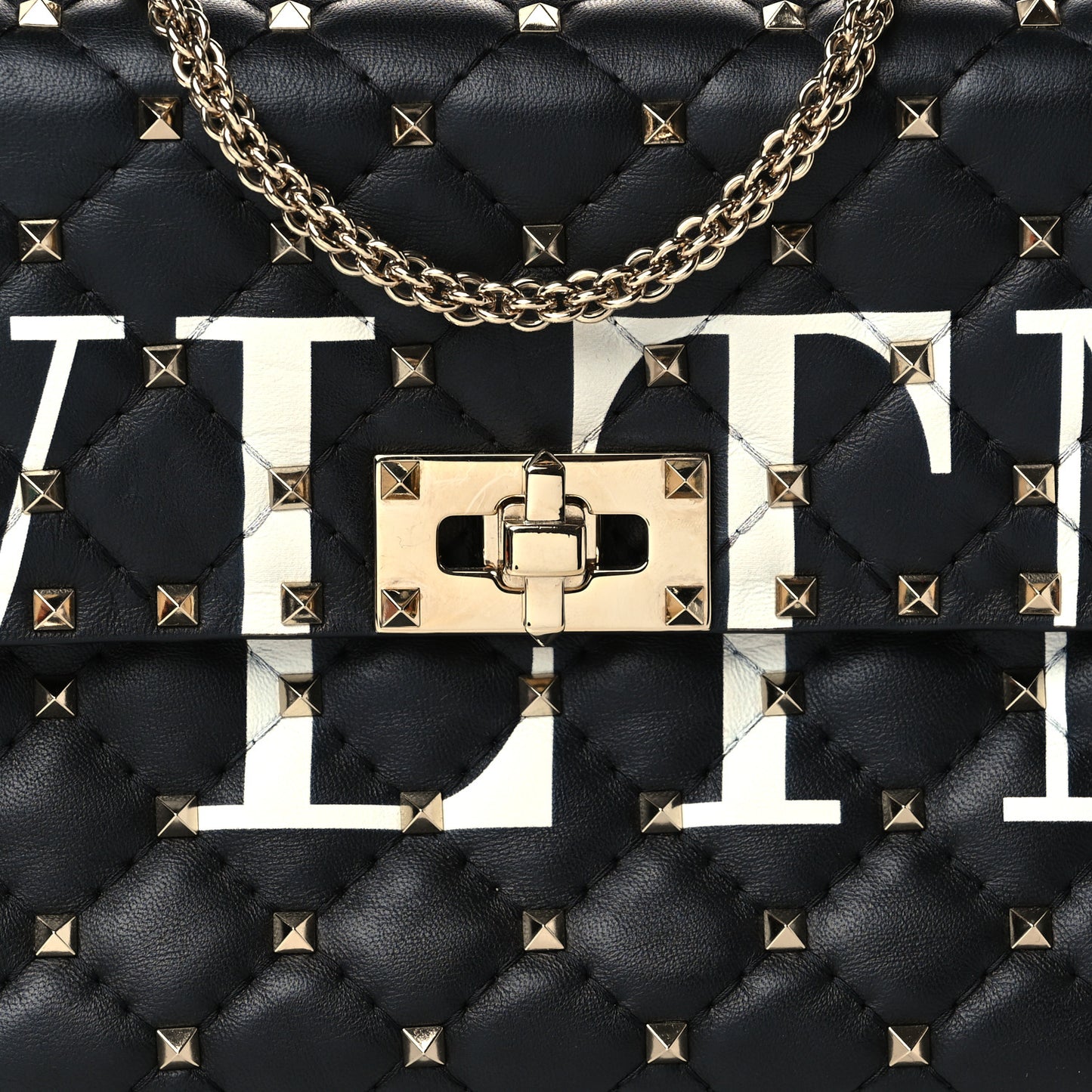 Lambskin VLTN Print Medium Rockstud Spike Shoulder Bag Black