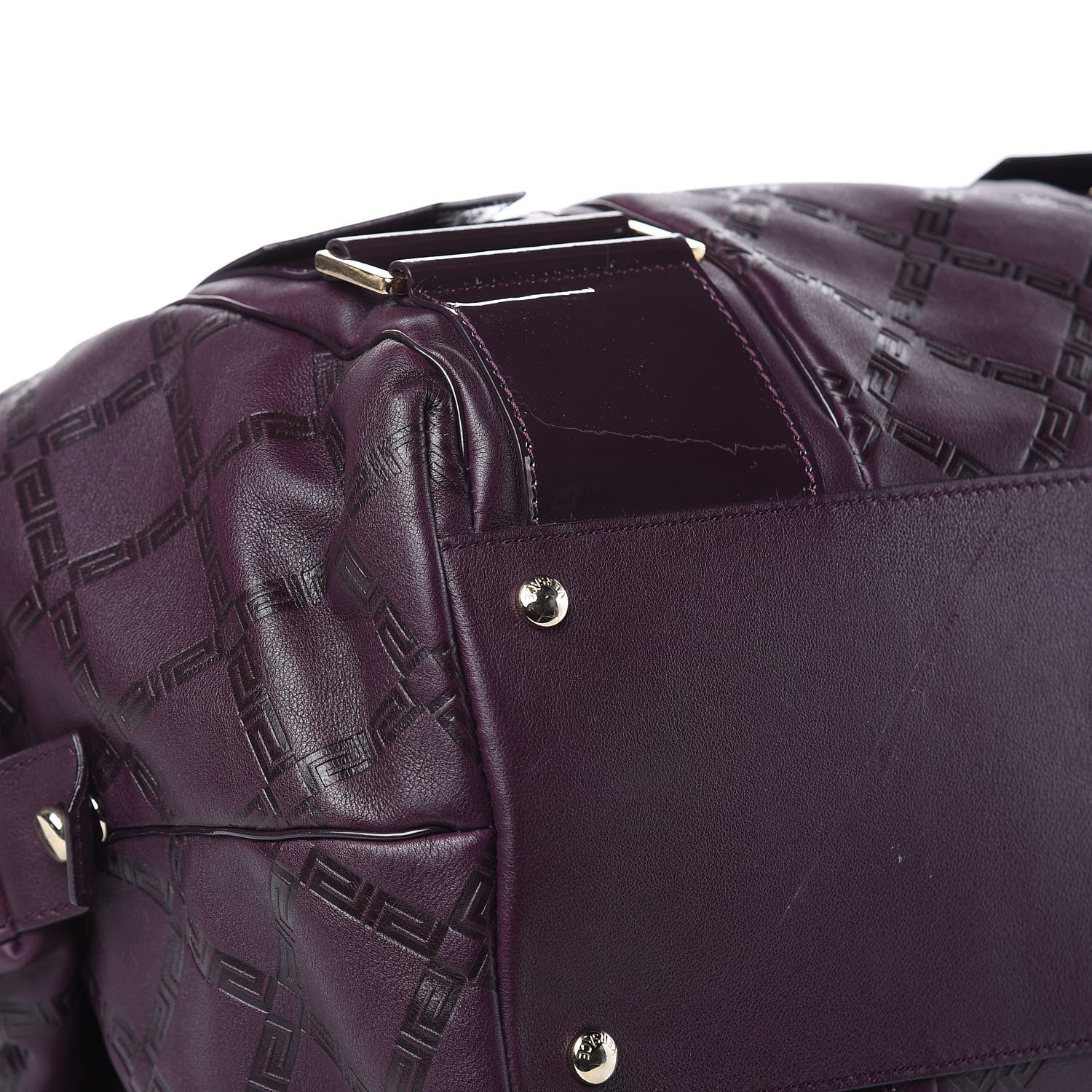 Versace Calfskin Greca Argyle Embossed Patent Medusa Bowler Satchel Purple 7 of 12