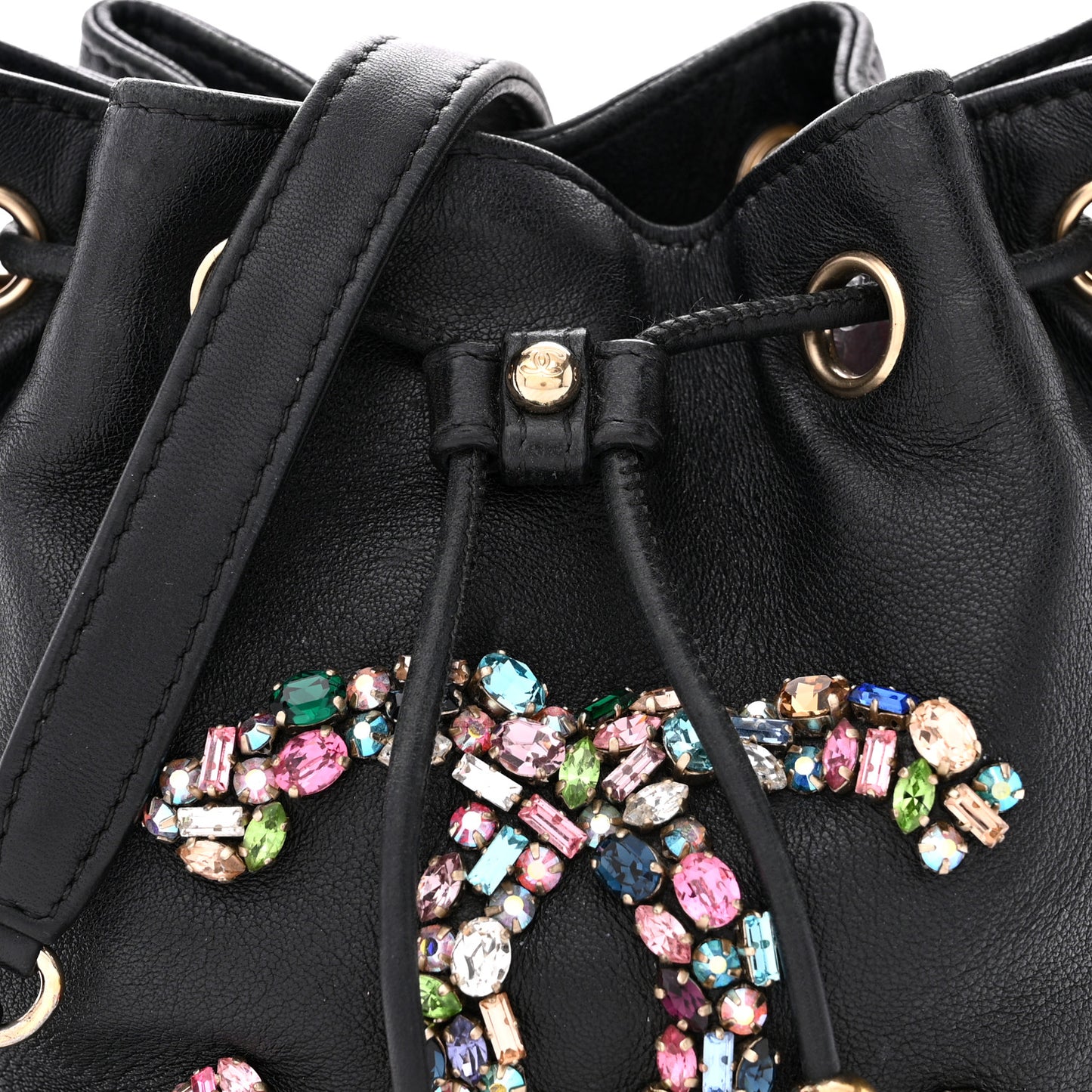 Lambskin Calfskin Quilted Mini Strass Mania Drawstring Bucket Bag Black