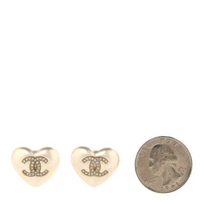 Chanel Pearl Crystal CC Heart Earrings Gold 2 of 5