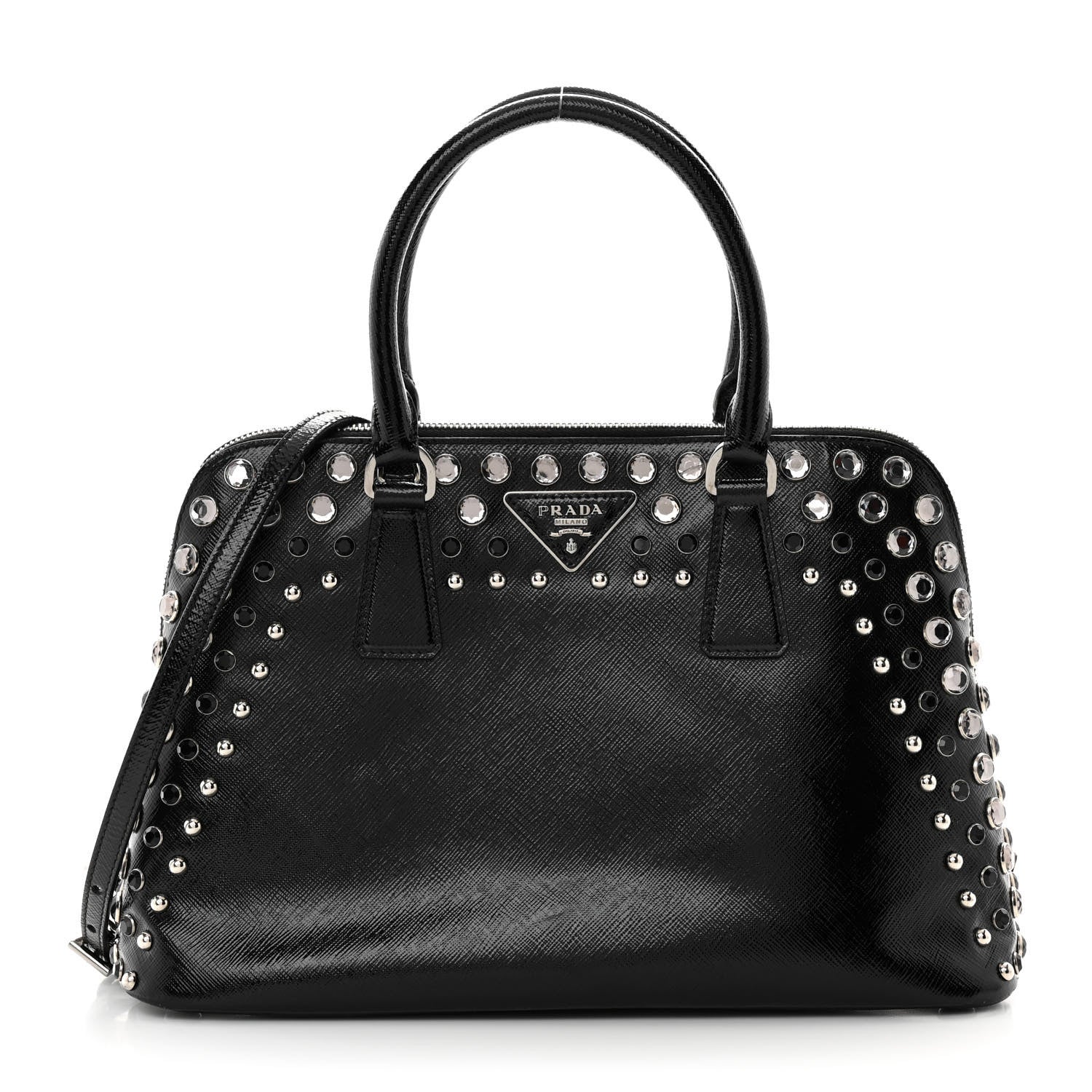 Prada Saffiano Vernice Small Crystal Pyramid Bag Black 1 of 16