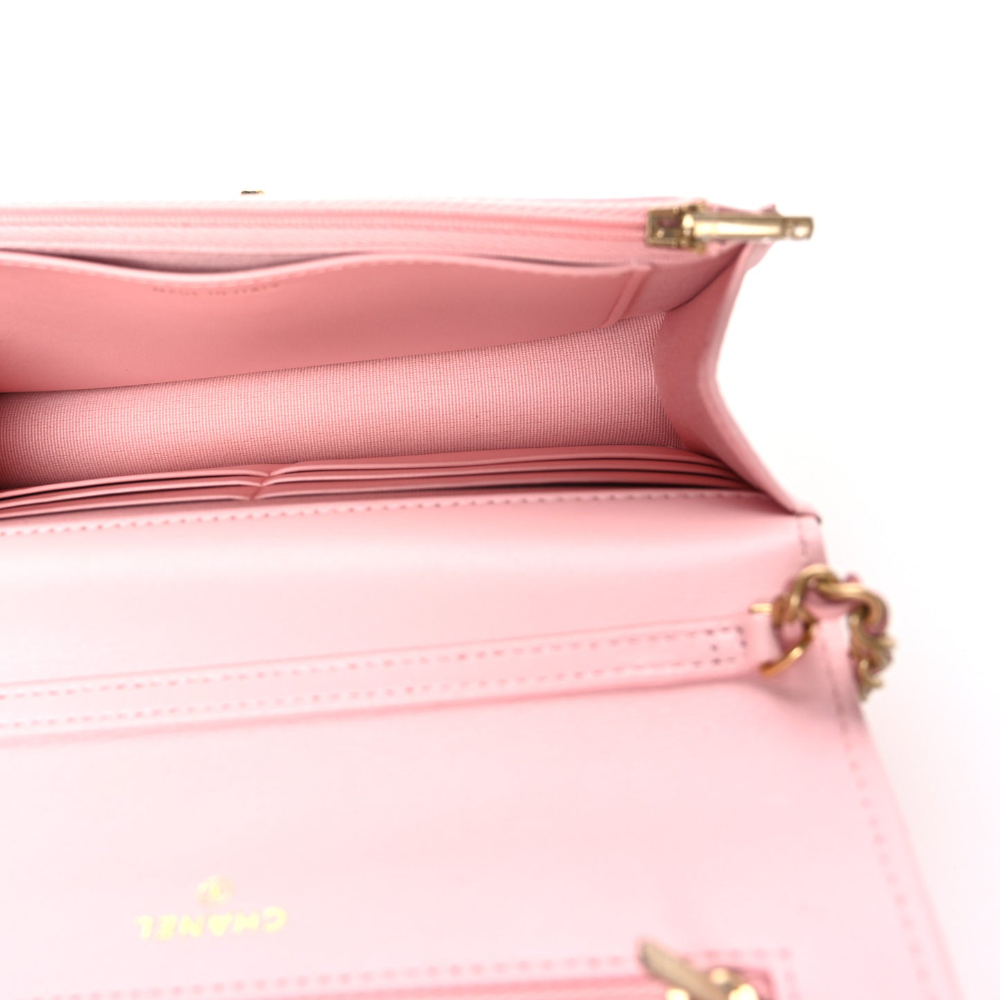 Shiny Lambskin Quilted CC Slide Wallet On Chain WOC  Light Pink