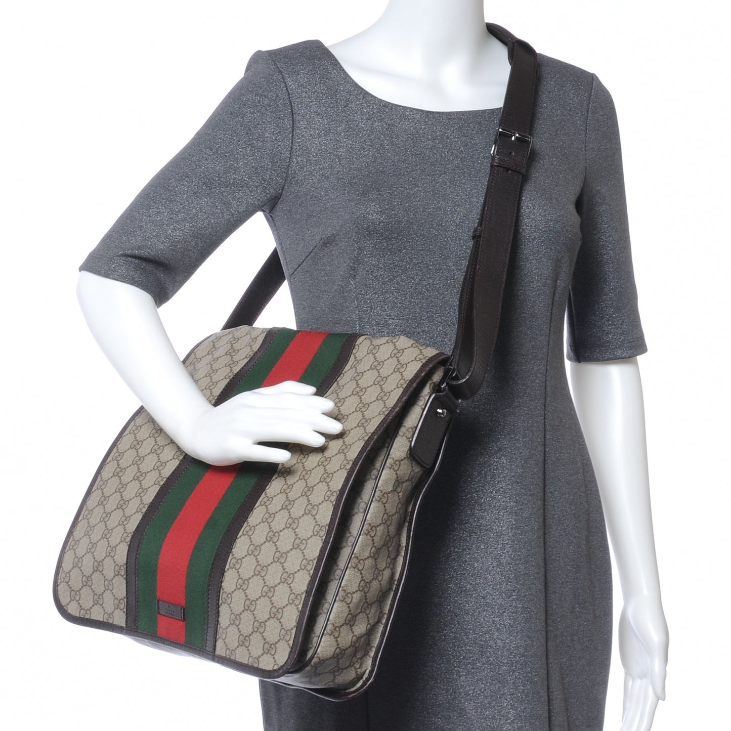 GG Plus Monogram Web Large Flap Messenger Bag Beige Dark Brown