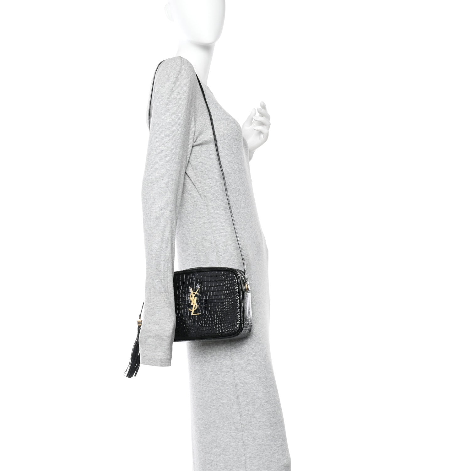 Saint Laurent Patent Calfskin Crocodile Embossed Monogram Lou Camera Bag Black 2 of 11