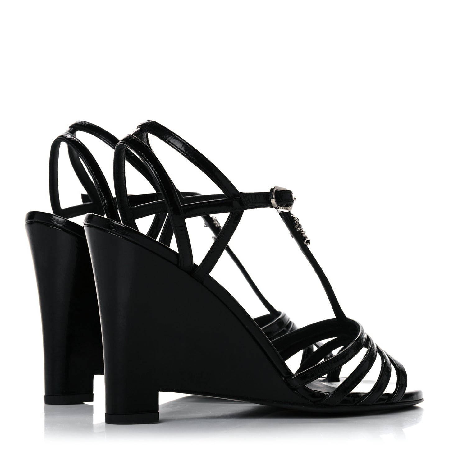 Patent Goatskin Chain CC Wedge Sandals 38 Black