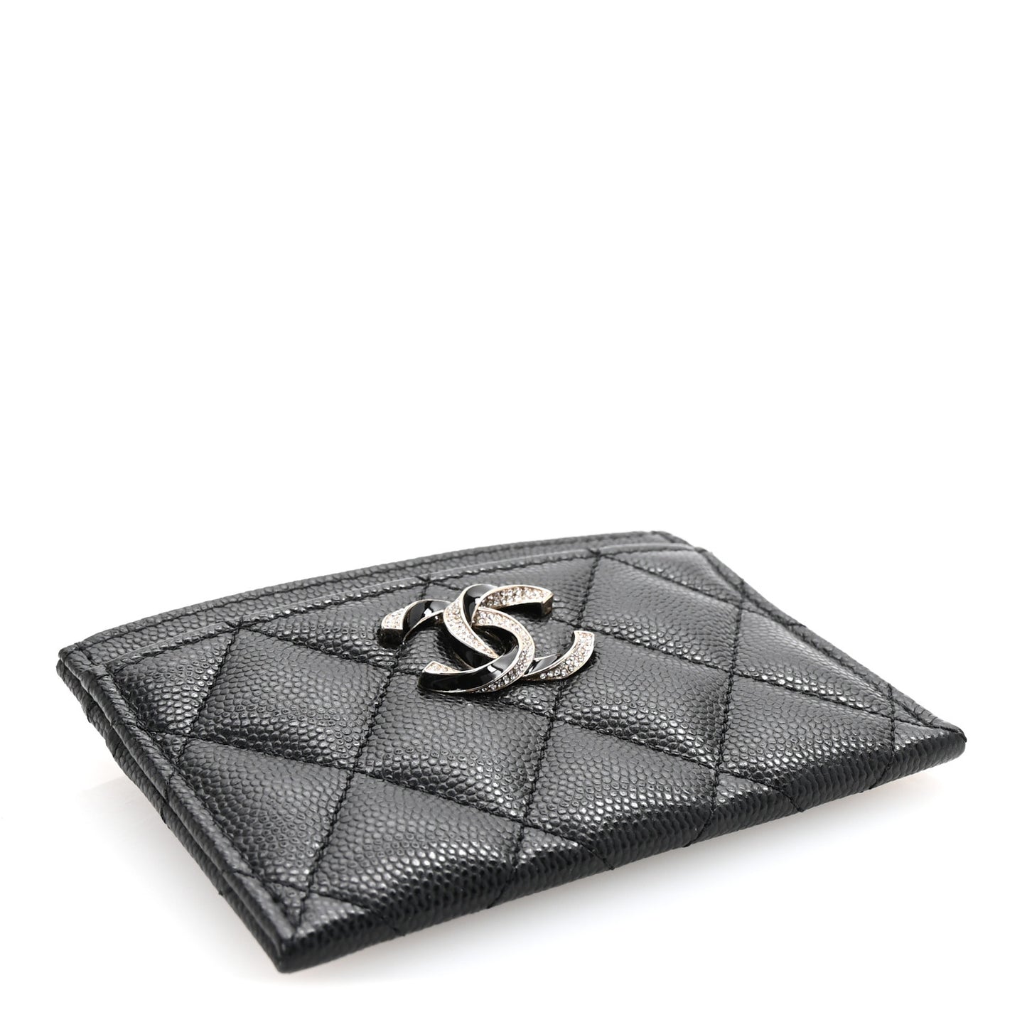 Caviar Quilted Crystal Enamel CC Card Holder Black